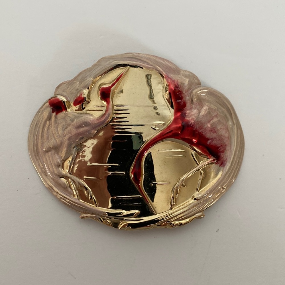 Vintage Charmant Belt Buckle Beverly Hills Ca. Pink Enamel Crane Design